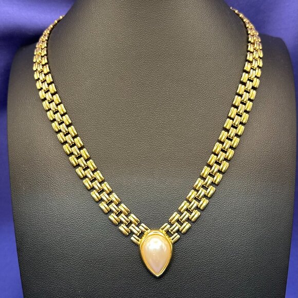 VTG Marvella Gold-Tone Chain Faux Pearl Accent Choker Necklace - Picture 1 of 12